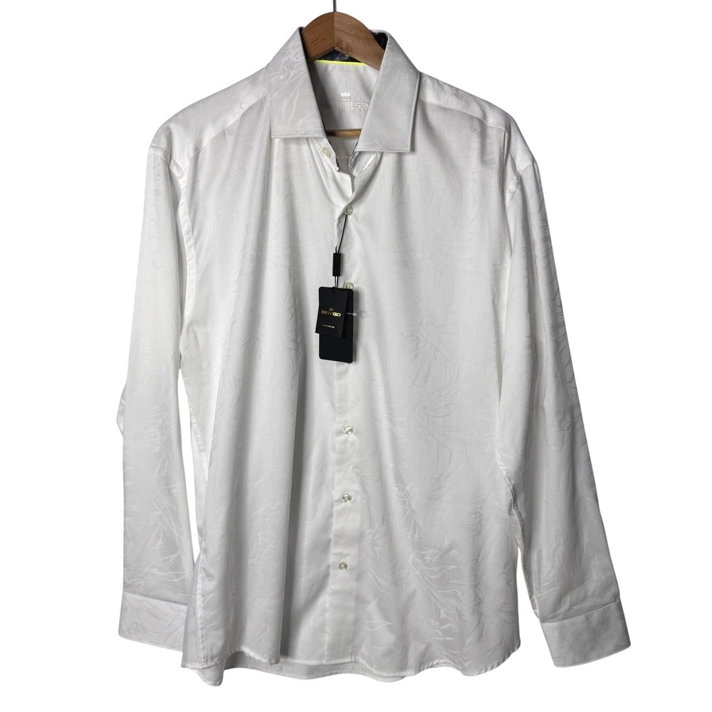 NEW Bertigo Button Down Shirt Mens XL White Jacquard Swirl Cotton Luxury